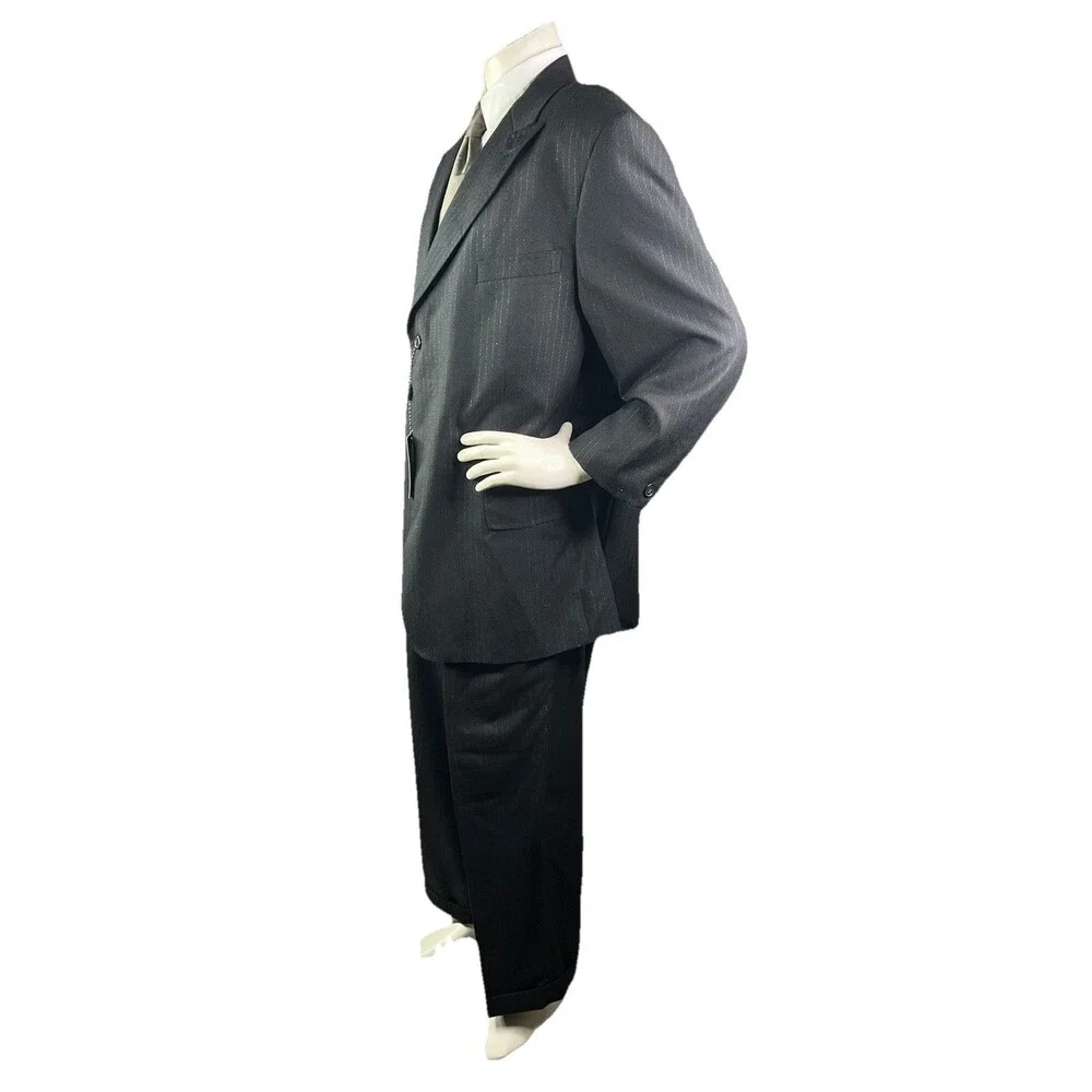 Gianni Uomo Suit Designed in Italy 50R 46x30 Super 120 Black Pinstriped Wide Leg